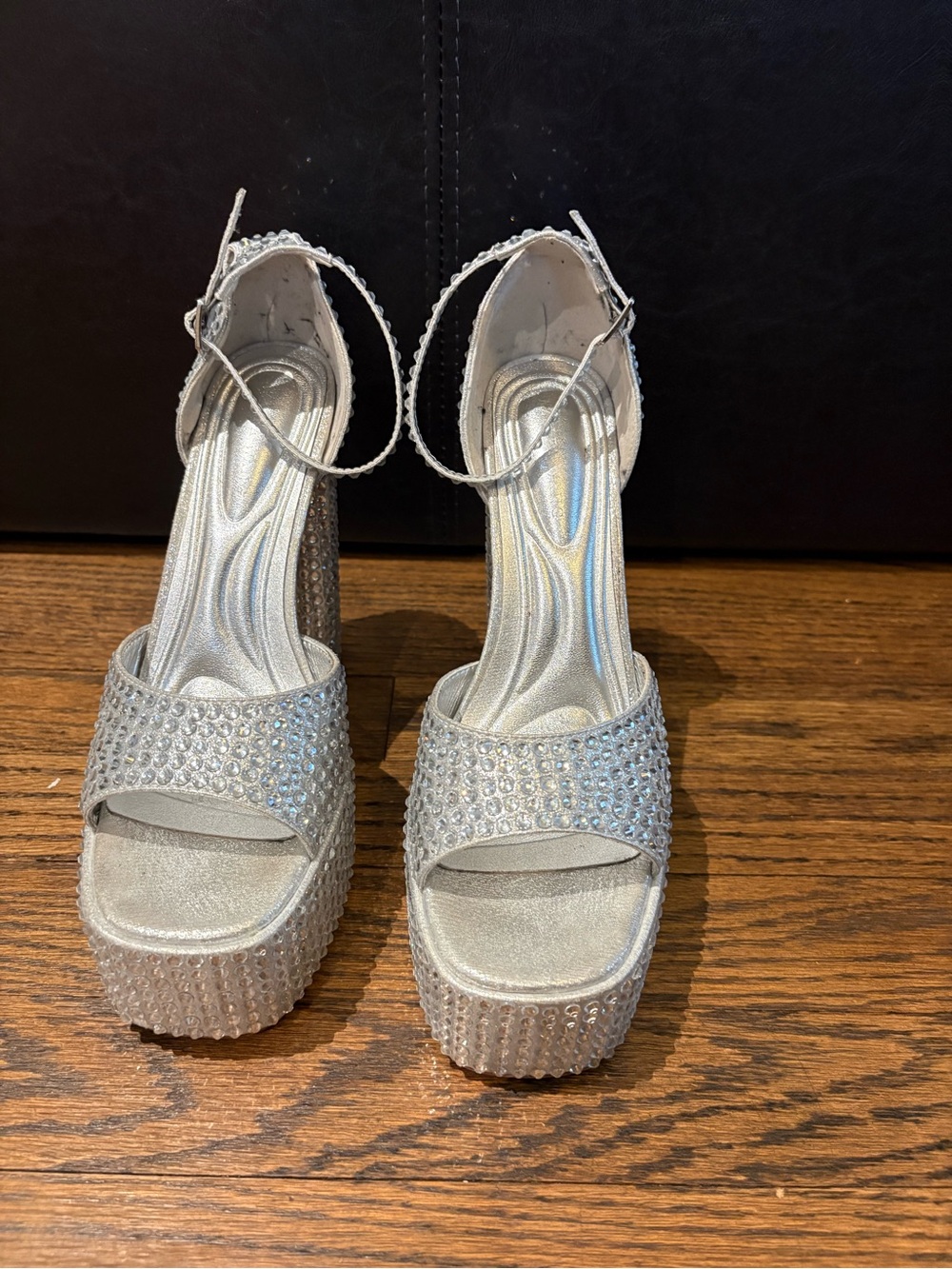 Women's Silver Rhinestone Platform Sandals with Ankle Strap